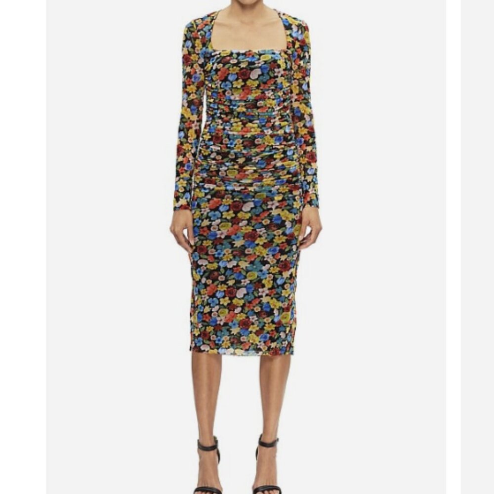 GANNI Colorful Floral SquareNeck Long Sleeve Ruched Stretch Mesh Midi Dress Sz L - Picture 15 of 15